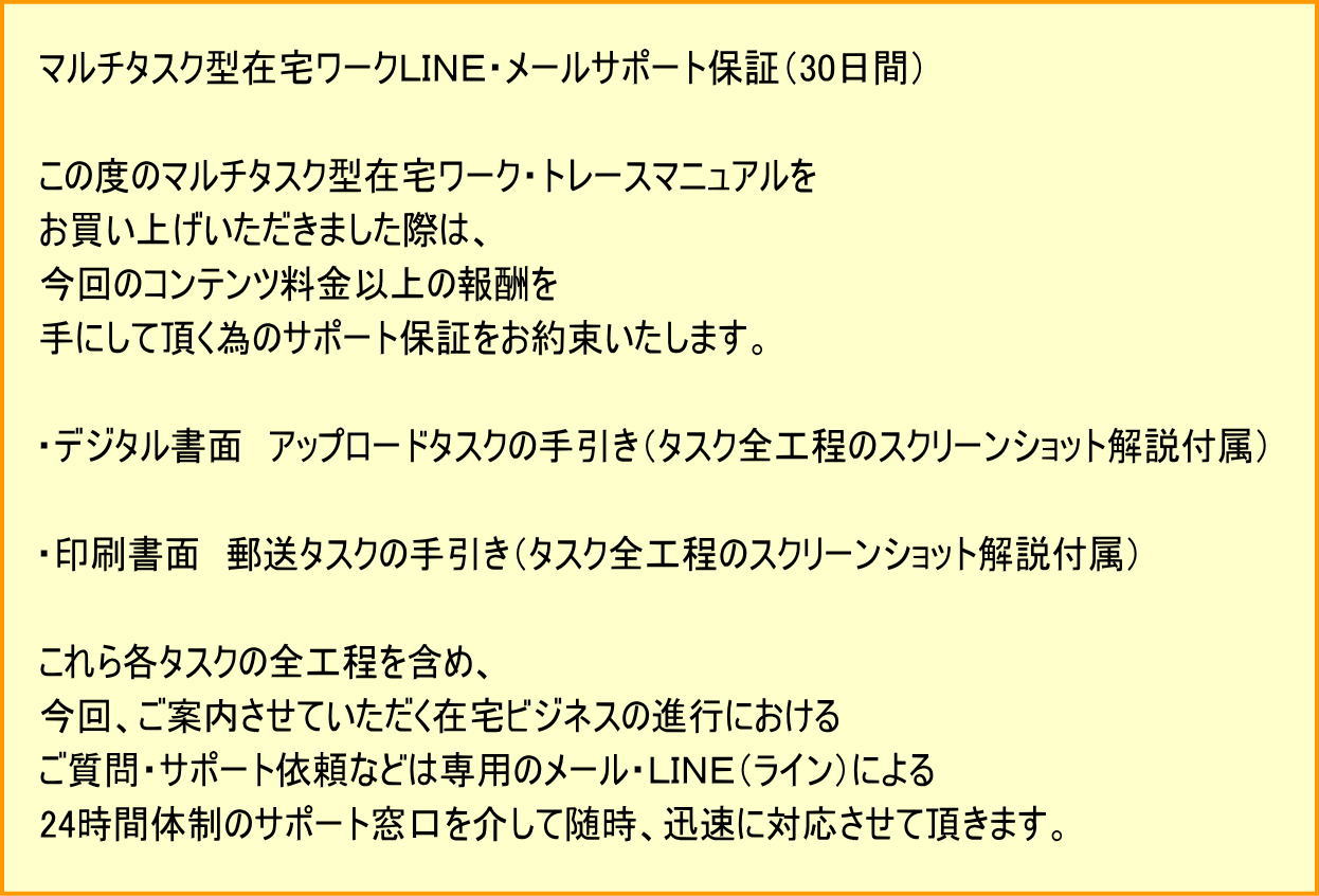 �}���`�^�X�N�^�ݑ�[�N���[���T�|�[�g�ۏ؁i30���ԁj ���̓x�̃}���`�^�X�N�^�ݑ�[�N�E�g���[�X�}�j���A�����������グ���������܂����ۂ́A����̃R���e���c�����ȏ�̕�V����ɂ��Ē����ׂ̃T�|�[�g�ۏ؂����񑩂������܂��B �E�f�W�^������ �A�b�v���[�h�^�X�N�̎�����i�^�X�N�S�H���̃X�N���[���V���b�g����t���j �E������� �X���^�X�N�̎�����i�^�X�N�S�H���̃X�N���[���V���b�g����t���j �����e�^�X�N�̑S�H�����܂߁A����A���ē������Ă��������ݑ�r�W�l�X�̐i�s�ɂ����邲����E�T�|�[�g�˗��Ȃǂ͐�p��LINE�i���C���j�ɂ��24���ԑ̐��̃T�|�[�g��������Đ����A�v���ɑΉ������Ē����܂��B